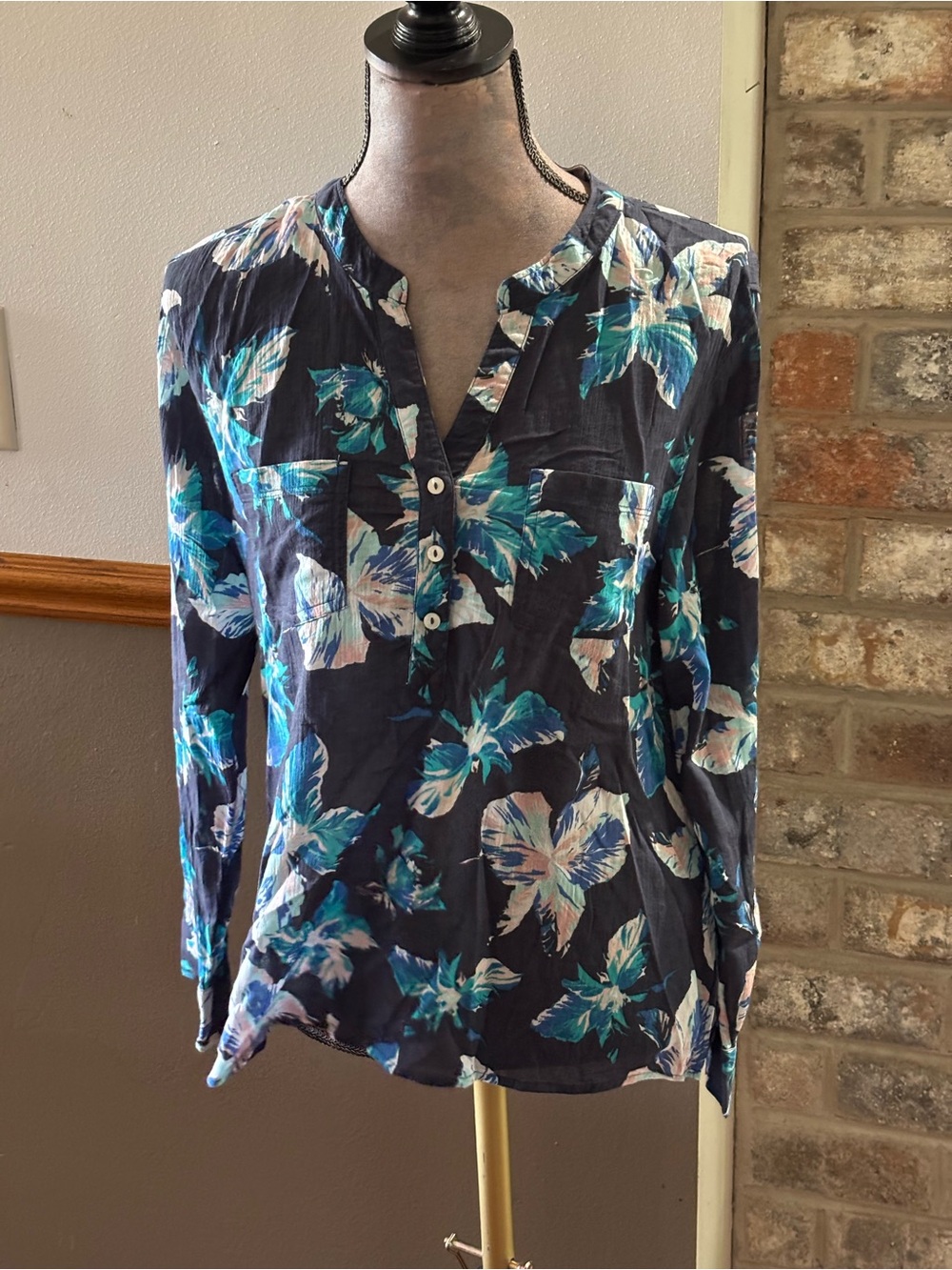 Carven Navy Top with Teal and Coral Floral Accents